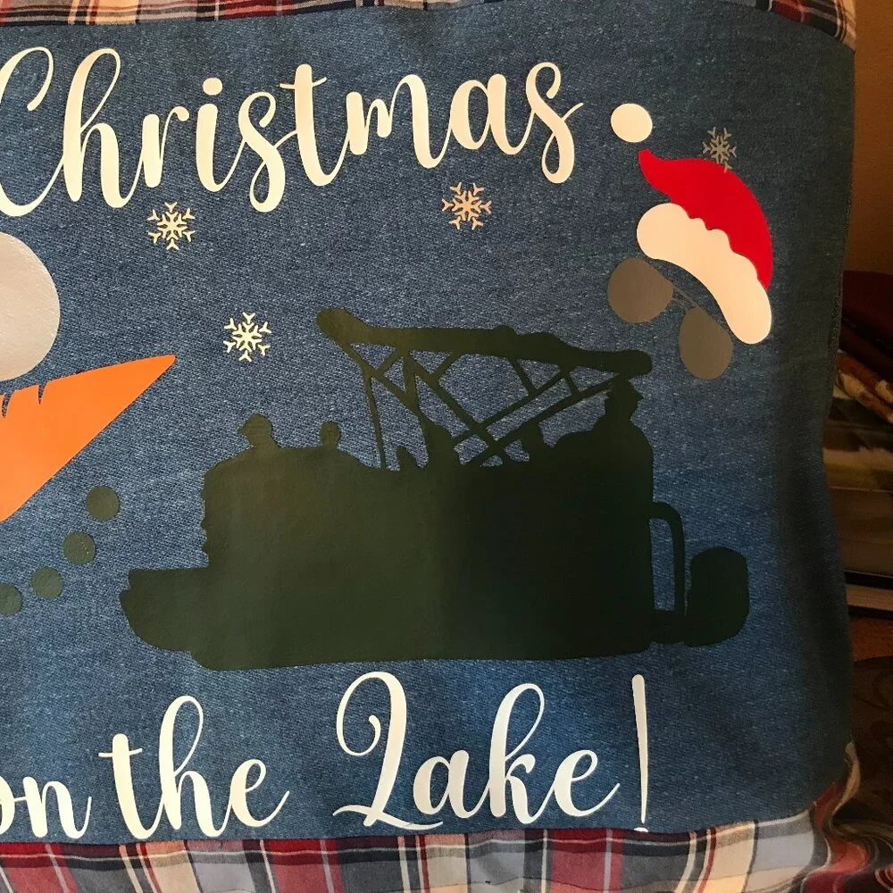 Holiday Lake Scene Pillow Cover, Appliqued Christmas on the Lake w/Pontoon 18x18